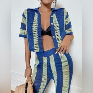 Blue and Green Crochet Stripe Set